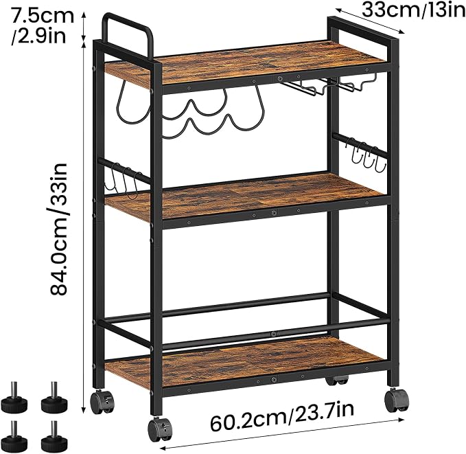 Home Bar Serving Cart, Serving Cart with Wheels and Handle, 3 Tier Rolling Kitchen Cart, Microwave Cart, Beverage Cart with Wine Holder and Glass Holders, for Dinning Room, Living Room, Kitchen