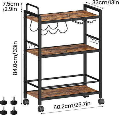 Home Bar Serving Cart, Serving Cart with Wheels and Handle, 3 Tier Rolling Kitchen Cart, Microwave Cart, Beverage Cart with Wine Holder and Glass Holders, for Dinning Room, Living Room, Kitchen