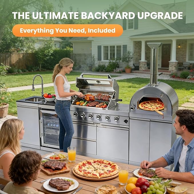 112" Modular Outdoor Kitchen,108,000 BTU Stainless Steel Propane Grill with Built-In Pizza Oven,Side Burner,Rotisserie,Refrigerator,Granite Countertop,Storage Drawers & Cabinets.