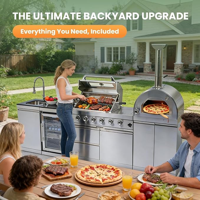 112" Outdoor Kitchen Island,Stainless Steel Natural Gas BBQ Grill with Pizza Oven, Rotisserie, Refrigerator, Standalone Side Burner,Granite Countertop, Storage Cabinets & Drawers 108000 BTU.