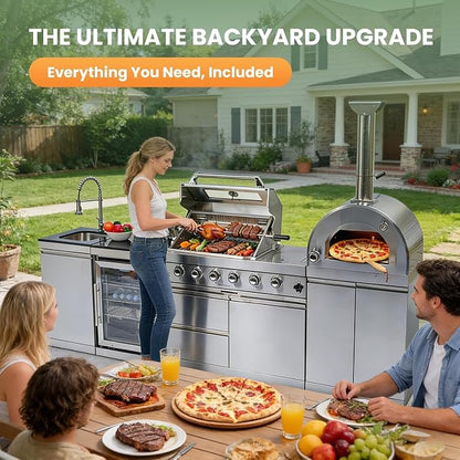 112" Outdoor Kitchen Island,Stainless Steel Natural Gas BBQ Grill with Pizza Oven, Rotisserie, Refrigerator, Standalone Side Burner,Granite Countertop, Storage Cabinets & Drawers 108000 BTU.