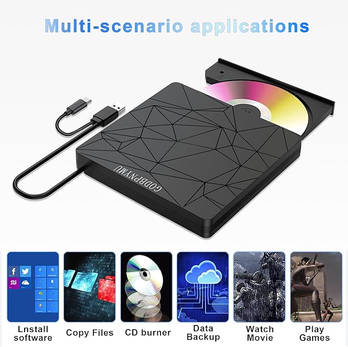 External DVD Drive USB 3.0 USB-C CD Burner CD/DVD Player | Portable CD DVD Disc Copier for Laptops and PC Plug & play Compatible with Windows 7/8/10/11, Linux, and Mac OS