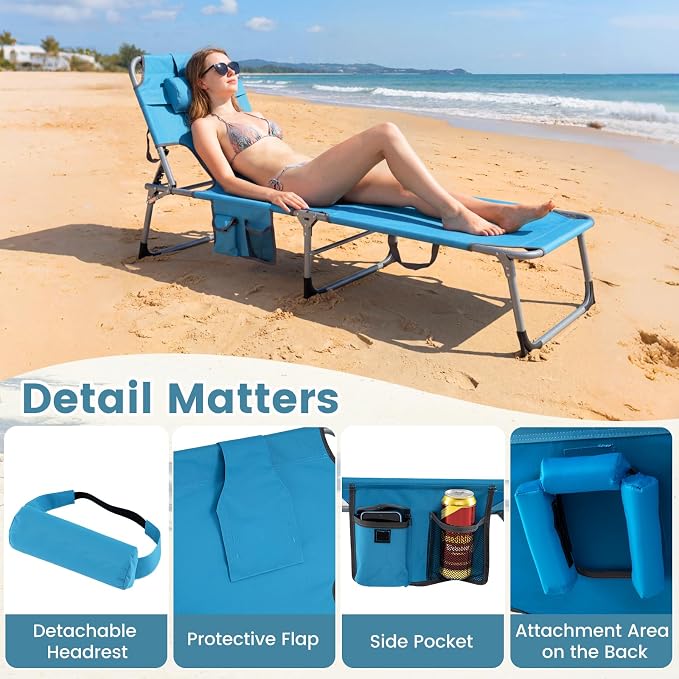 Goplus Tanning Chair, Folding Beach Lounge Chair with Face &Arm Hole, Position Adjustable,Removable Pillow,Side Pocket, Sunbathing Chair, Portable Outdoor Lounge Chair for Patio Pool