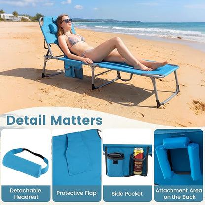 Goplus Tanning Chair, Folding Beach Lounge Chair with Face &Arm Hole, Position Adjustable,Removable Pillow,Side Pocket, Sunbathing Chair, Portable Outdoor Lounge Chair for Patio Pool