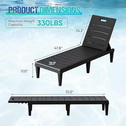 Greesum Outdoor Chaise Lounge Chair Set of 4, Waterproof 5-Position Adjustable PP Sun Loungers for Patio, Poolside, and Beach Sunbathing, Black
