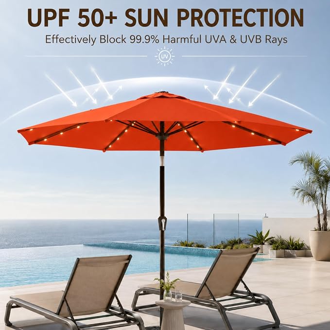 11FT Solar Lighted Patio Umbrella, Outdoor Table Market Umbrellas with Crank Lift, 32 LED Lights, 8 Sturdy Ribs, UV-Resistant for Deck, Garden, Pool