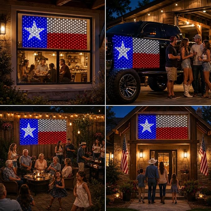 Leisure world Texas Flag Lights 384 Super Bright LED Lighted Texas Flags, Waterproof Net Lights Decoration for 250th Anniversary, Independence Day (July 4th), Memorial Day, Christmas & Holiday Party