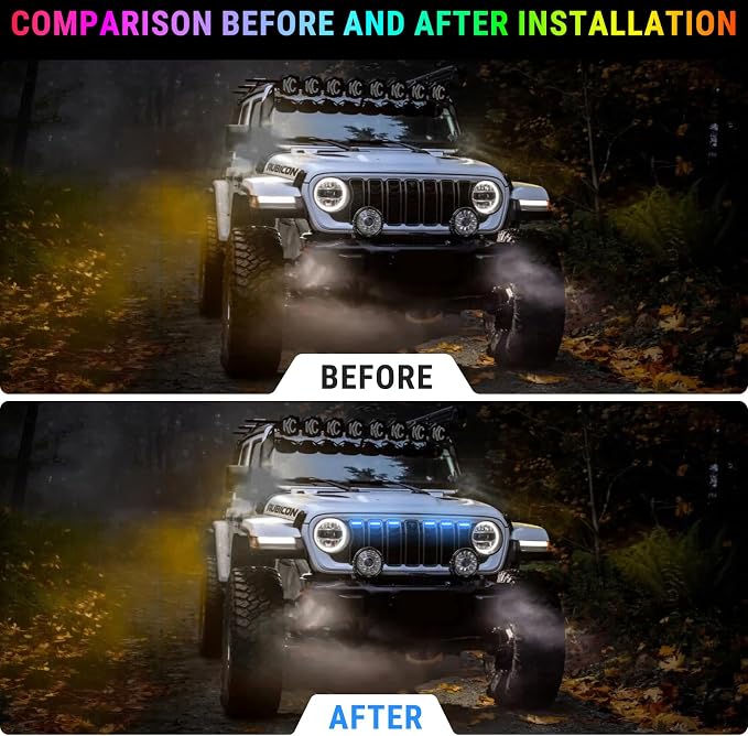 RGB LED Grille Lights Compatible with 2024 2025 Jeep Wrangler JL JLU JT Original Factory Grille, RGB Adjustable Atmosphere Exterior Grill Lights Remote APP Control, 6PCS