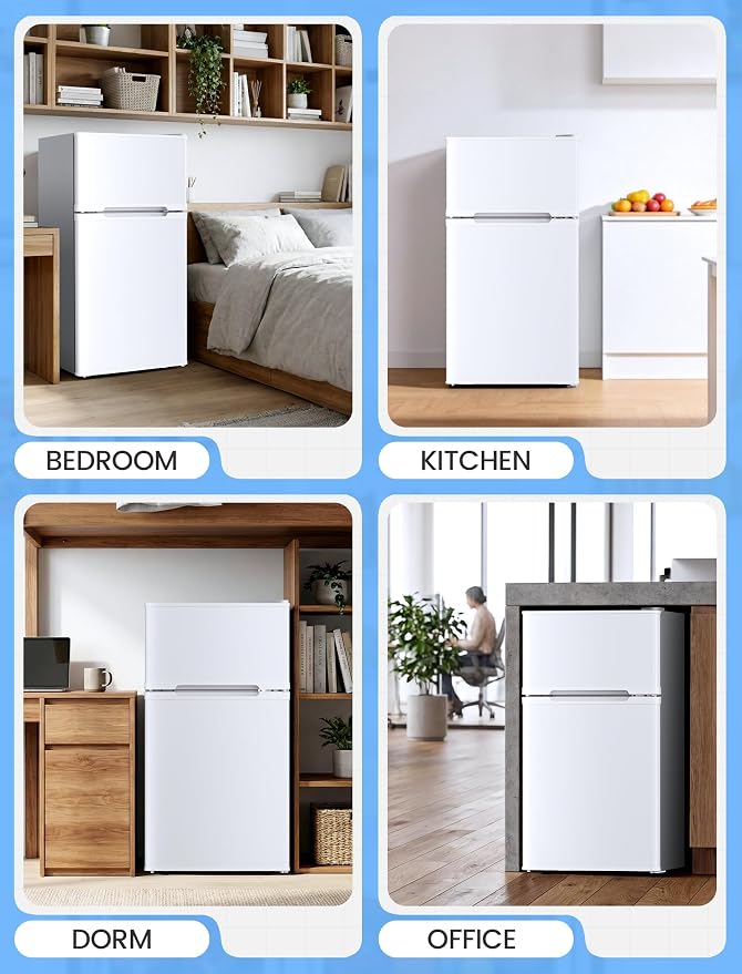COWSAR 4.5 Cu.Ft Mini Fridge With Freezer, 2-Door Compact Dorm Refrigerator With 2 Removable Shelves, 3 Level Adjustable Thermostat, Commercial Office Fridge for Bedroom, Kitchen, Apartment, White