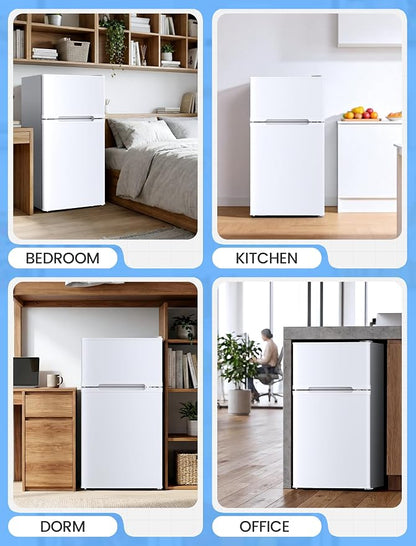COWSAR 4.5 Cu.Ft Mini Fridge With Freezer, 2-Door Compact Dorm Refrigerator With 2 Removable Shelves, 3 Level Adjustable Thermostat, Commercial Office Fridge for Bedroom, Kitchen, Apartment, White