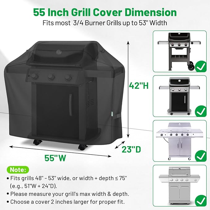 Grill Cover 55 Inch, Heavy Duty Waterproof BBQ Grill Cover for Outdoor Grill, Barbecue Gas Grill Cover with Windproof Straps & Handles, Fits for Weber, Char-Broil, Nexgrill, Black