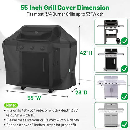 Grill Cover 55 Inch, Heavy Duty Waterproof BBQ Grill Cover for Outdoor Grill, Barbecue Gas Grill Cover with Windproof Straps & Handles, Fits for Weber, Char-Broil, Nexgrill, Black