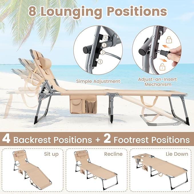 COSTWAY Tanning Chair with Face Hole, Folding Beach Lounge Chair with 4-Position Adjustable Backrest, Pillow & Side Pocket, Foldable Chaise Lounge Chair Outdoor for Sunbathing, Camping (1, Beige)
