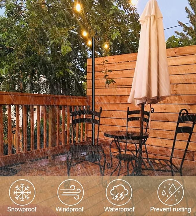 10ft String Light Poles for Outdoors, Outside Light Poles for Hard Ground Surface, Backyard, Patio, Outdoor Lighting, Matte Black, 1 Pack