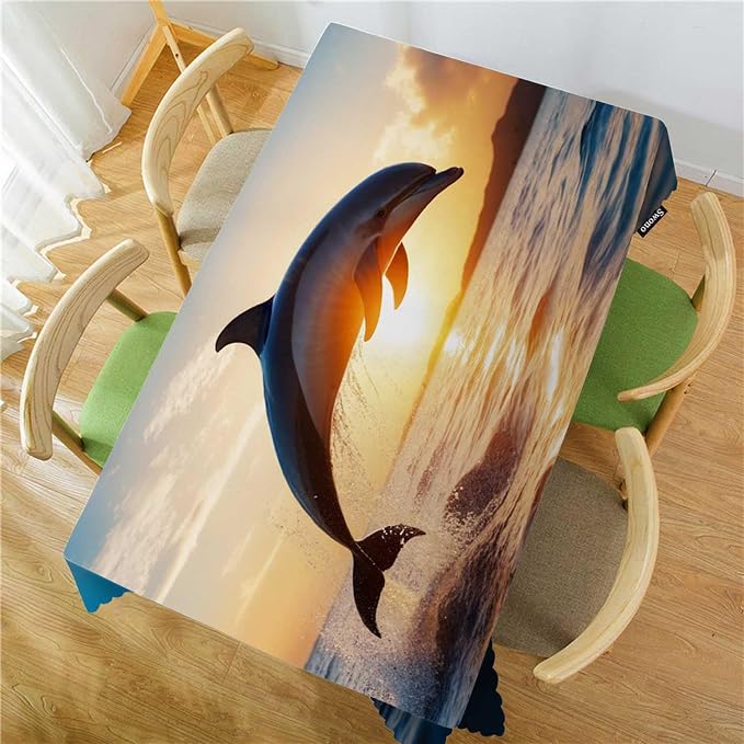 Swono Dolphin Rectangle Tablecloth Ocean Animal Dolphin Jumping Sunset Table Cloth Dining Table Cover for Home Kitchen Restaurant Party Buffet Picnic, 52x70 Inch