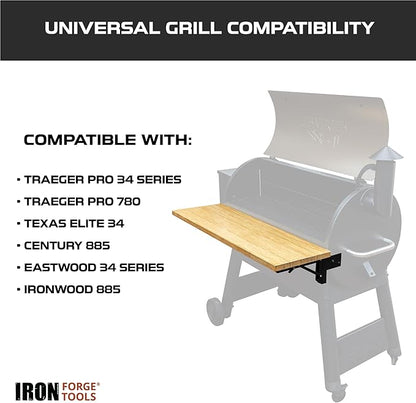 Iron Forge Tools 36.5x12 Wood Folding Grill Shelf Accessory - Charcoal Grill Accessories for Pellet Smoker Barbeque - Compatible with Traeger Pro 34, Pro 780, Ironwood 885 Series Texas Elite, Eastwood