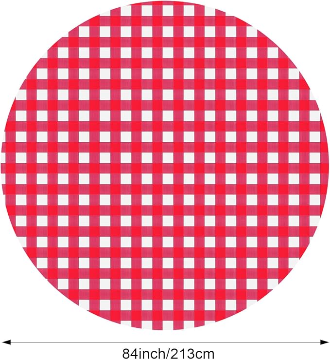 Disposable Checkered Tablecloth Round Plastic Buffalo Plaid Table Cloth 84'' Gingham Tablecover for Picnic Camping BBQ Graduation Party(Red White,12 Pieces)