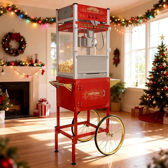 20 Oz Popcorn Machine with Cart, Vintage Movie Theater Style Pop Corn Popper with 16" Bicycle-Style Wheels & a Cabinet for Home Theater, Parties, Events, Red