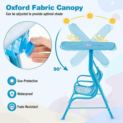 HONEY JOY Kids Patio Swing, 2-Seater Outdoor Porch Swing Lounge Chair, Adjustable Canopy & Safety Belt, All Weather Resistant Waterproof Hanging Swing Bench for Garden Poolside Balcony(Blue Flamingo)