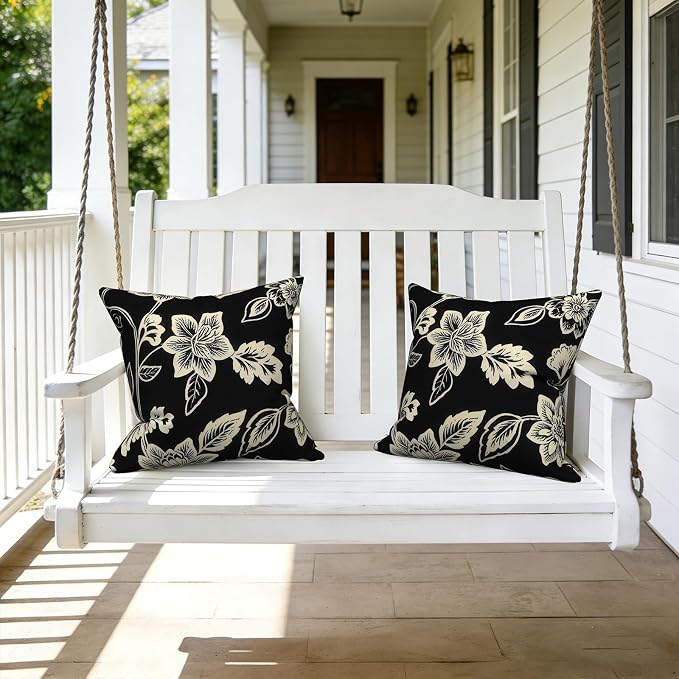 LVTXIII Outdoor Pillow Covers 20x20 Inch, 2 Pack Large Square Throw Pillow Cases, Fade-Resistant Cushion Covers for Patio Furniture Sofa, Garden Porch, Elegant Vines Black