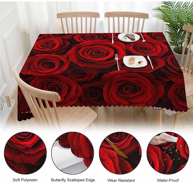 Rose Rectangle Tablecloth 52x70 Inch Bloom Flower Roses Red Dining Table Cloth Table Cover Tablecloth for Home Kitchen Restaurant Party Buffet Picnic, 4-6 Seats