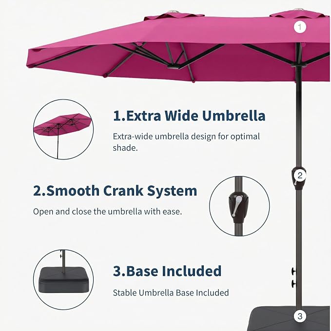 15FT Double Sided Patio Umbrella with Base Included Large Outdoor Market Umbrella with Crank Handle, UV Resistant Canopy, Sturdy Frame for Garden, Poolside, Deck, Rose Pink