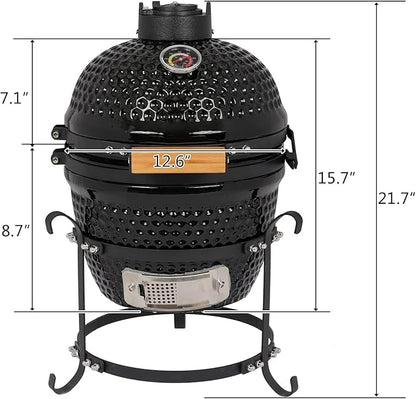 13in Round Smoking Furnace with Thermometer, Portable Ceramic Charcoal Grill with Stainless Steel Cooking Grate & Anti-scalding Wooden Handle, for Outdoor Backyard Cooking Grilling Camping(Black)