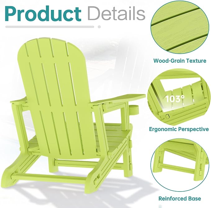 Shintenchi Adirondack Chairs Set of 2,HDPE Adirondack Chairs w/Removable Tablelop & Umbrella Hole,All-Weather Wooden Textured Plastic Outdoor Chairs w/Cup Holders for Garden Backyard Pool,Green