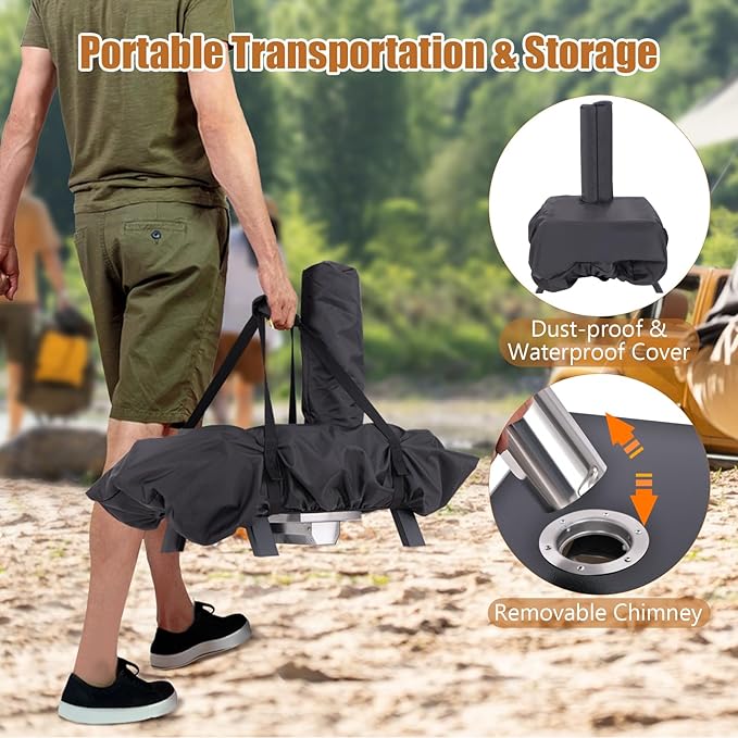 HAPPYGRILL Outdoor Pizza Oven with Rotatable Pizza Stone, Wood Fired Pizza Maker with Pizza Peel, Thermometer & Rain Cover, Countertop Stainless Steel Pizza Stove for Camping Picnic Party
