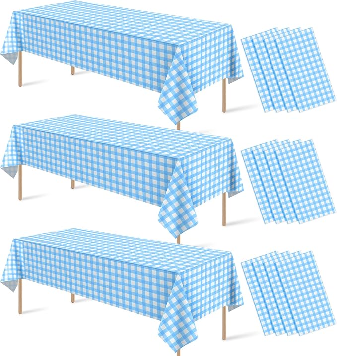 12Pcs Light Blue Gingham Tablecloths, Checkered Party Table Cover 54x108 In | Blue and White Checkered Tablecloths Disposable Waterproof for Baby & Bridal Shower Picnic Camping Birthday Outdoor Tea Party