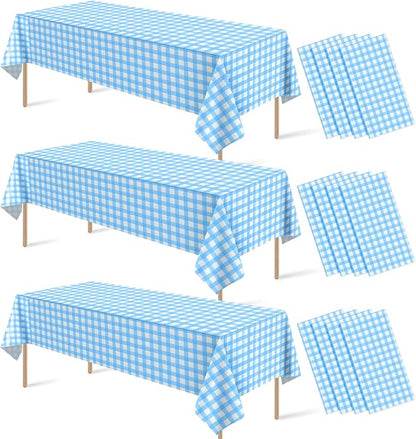 12Pcs Light Blue Gingham Tablecloths, Checkered Party Table Cover 54x108 In | Blue and White Checkered Tablecloths Disposable Waterproof for Baby & Bridal Shower Picnic Camping Birthday Outdoor Tea Party