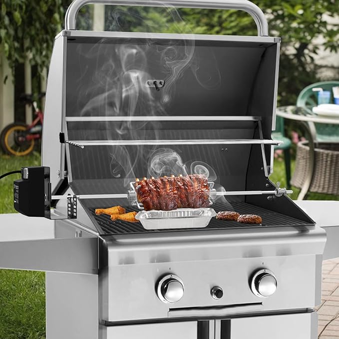 onlyfire Universal BBQ Grill Rotisserie Kit for Most Gas Grills, Include 110V 4W Electric Motor, 4-Prong Meat Forks and 28" Square Spit Rod