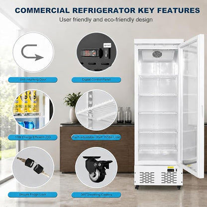 Commercial Beverage Refrigerator with Glass Door, 11 Cu.Ft Upright Display Fridge Commercial Cooler, Merchandiser Drink Refrigerator with Soft LED Light, Romovable Shelves for Restaurant Stores