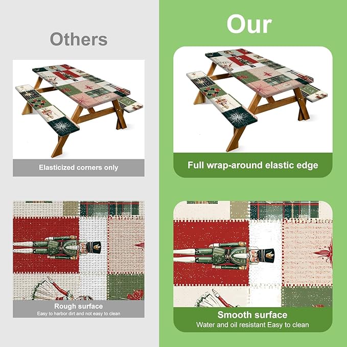 Christmas Picnic Table Cover with Bench Covers Set, Elastic Fitted Tablecloth for Outdoor Picnic Tables, Nutcracker and Patchwork Holiday Design, Durable Vinyl Cover for Camping, BBQs, and