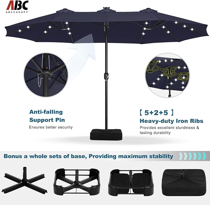 ABCCANOPY 15FT Solar LED Double-Sided Umbrella with Base, Navy Blue | Rectangular Outdoor Table Umbrella with Crank, Heavy Duty Market Umbrella Shade for Garden,Poolside, Lawn, Backyard