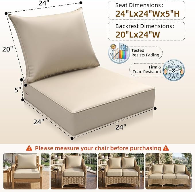 Outdoor Chaise Lounge Chair Cushion (Cream, 24" x 24" x 5")