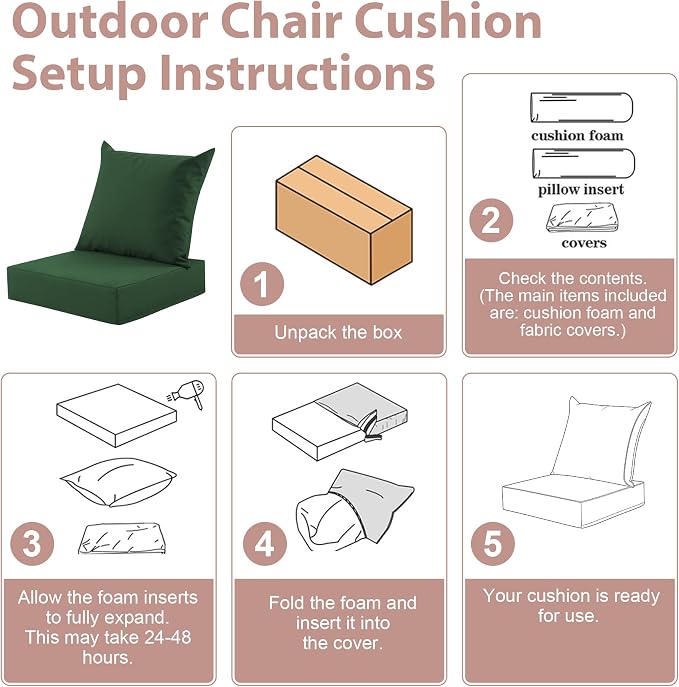 Outdoor Deep Seat Cushion Set, 24x24 Inch, Forest Green, Set of 2 | Water-Resistant, Fade-Resistant, Removable Cover, For Patio Chair & Sofa&Furniture