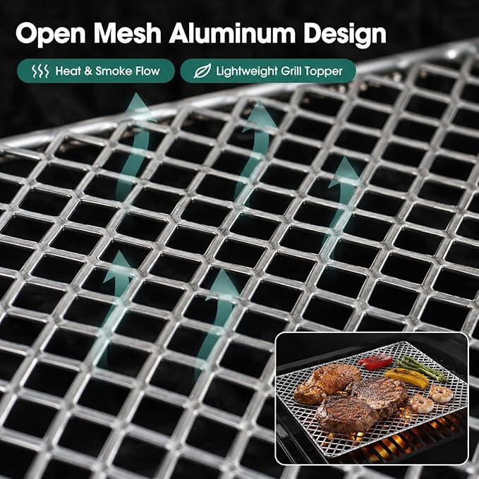 10 Pack Disposable Grill Toppers, Aluminum BBQ Mesh Mats for Outdoor Cooking, 15.3 x 12 Inch Grilling Liners to Help Reduce Food Drops Through Grates, for Vegetables, Fish, Meat and Camping