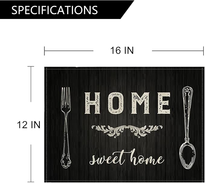 Vintage Style Placemats Set of 4 Home Sweet Home Rustic Home Decorative Table Mats Waterproof Heat Resistant Washable Non-Slip Place Mats for Dinner Room Kitchen Decor Table 12”×16”(Grey, 12”×16”)