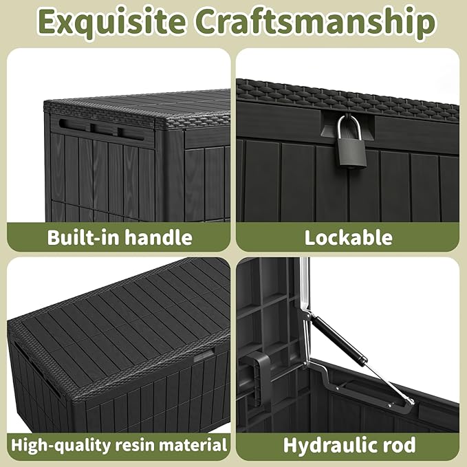 220 Gallon Outdoor Storage Box, Waterproof Lockable Resin Deck Box for Patio Furniture Cushions, Garden Tools, Pool Supplies, Extra Large Patio Storage Chest with Double Wall Design, Black