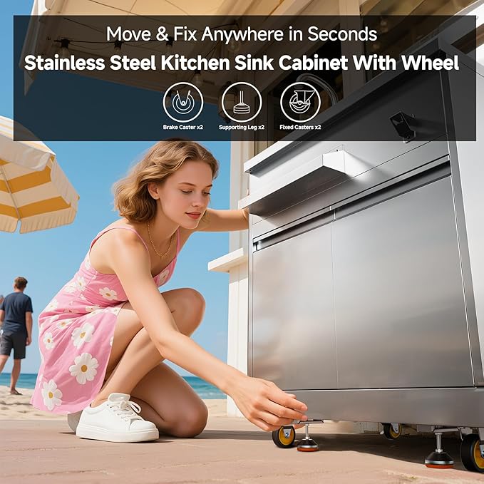 BODEGA Stainless Steel Kitchen Sink with Hose Hook Up, Outdoor Kitchen cabinets with Ample Storage Space, All-Weather Single Bowl Commercial Sink Cabinet Bottle Opener & Spice Rac,Brake Wheels.