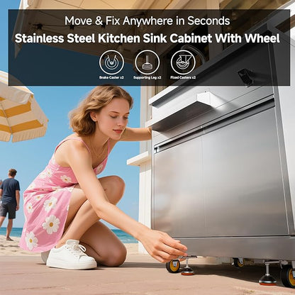 BODEGA Stainless Steel Kitchen Sink with Hose Hook Up, Outdoor Kitchen cabinets with Ample Storage Space, All-Weather Single Bowl Commercial Sink Cabinet Bottle Opener & Spice Rac,Brake Wheels.