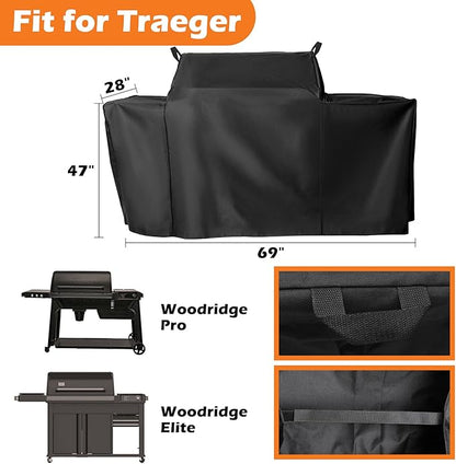 Grill Cover for Traeger Woodridge Pro Grill & Woodridge Elite Grill, 600D Heavy Duty Waterproof Full Length Cover, BAC776 for Traeger TFB97JLH TFC97XLH, Outdoor Pellet Grill Accessory