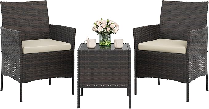 3-Piece Outdoor Furniture Set, PE Rattan Wicker Chairs with Soft Cushions & Tempered Glass Coffee Table - All-Weather Patio Set for Garden, Backyard, Porch, Poolside (Gradient Brown/Beige)