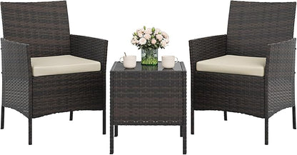 3-Piece Outdoor Furniture Set, PE Rattan Wicker Chairs with Soft Cushions & Tempered Glass Coffee Table - All-Weather Patio Set for Garden, Backyard, Porch, Poolside (Gradient Brown/Beige)
