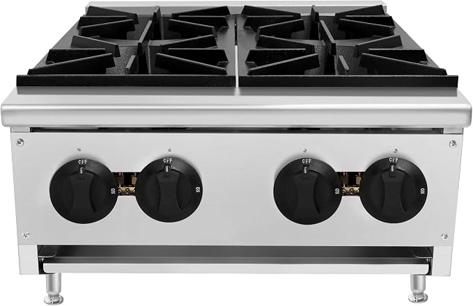 Commercial Hot Plate,Countertop Restaurant Kitchen Stove,NG LP Convertible Supply,Independent Controls,Cast Iron Grates,Standing Pilot Ignition,Adjustable Legs,Removable Waste Tray (Silver,4 Burner)