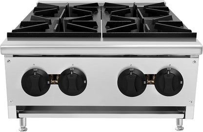 Commercial Hot Plate,Countertop Restaurant Kitchen Stove,NG LP Convertible Supply,Independent Controls,Cast Iron Grates,Standing Pilot Ignition,Adjustable Legs,Removable Waste Tray (Silver,4 Burner)
