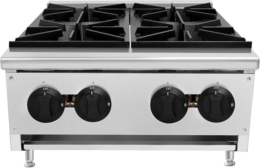 Commercial Hot Plate,Countertop Restaurant Kitchen Stove,NG LP Convertible Supply,Independent Controls,Cast Iron Grates,Standing Pilot Ignition,Adjustable Legs,Removable Waste Tray (Silver,4 Burner)
