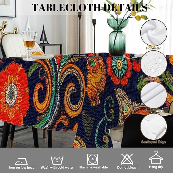 Swono Paisley Floral Rectangular Tablecloth Retro Colorful Indian Style Boho Ethnic Flowers Washable Table Cloth Kitchen Dining Room Table Cover for Party Dinner 50x72 Inch Tablecloths