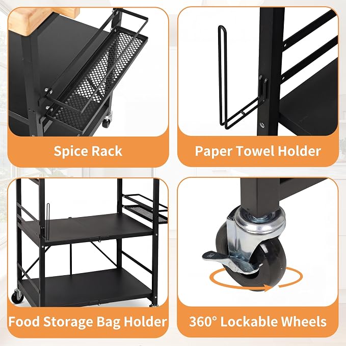 PLKOW Plus-Size Foldable 3-Tier Kitchen Cart with Solid Oak Top, Black | Solid oak top, fold-flat steel frame, 3-tier storage, side organizers, and lockable wheels for kitchens and patios.